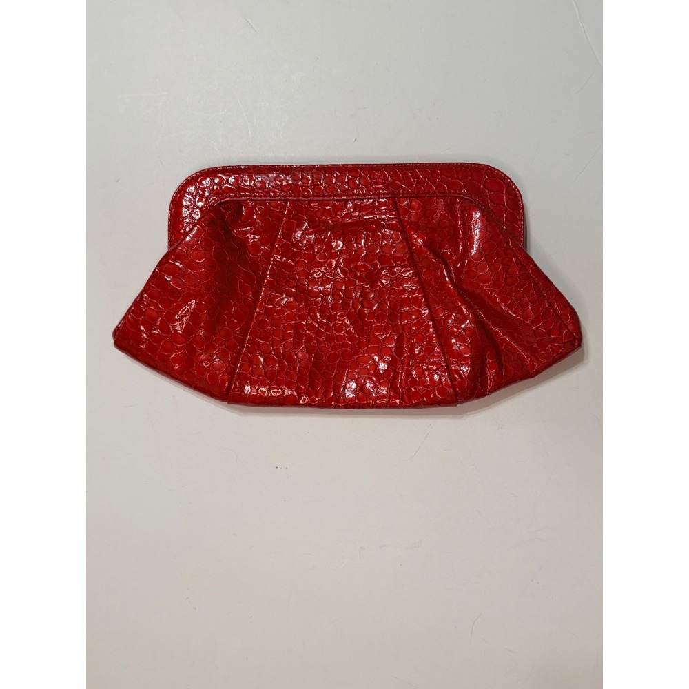 Lauren Merkin Red Embossed Patent Leather Crocodile Texture Frame Clutch Bag